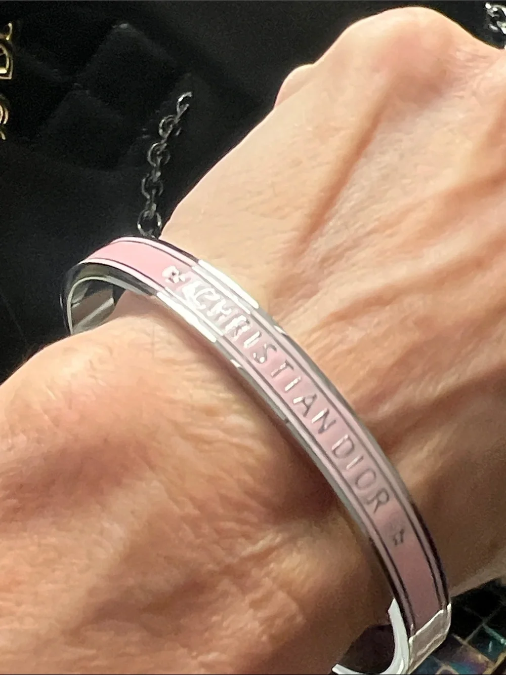 Up Cycled Pink Enamel Silver-Tone Logo Bangle